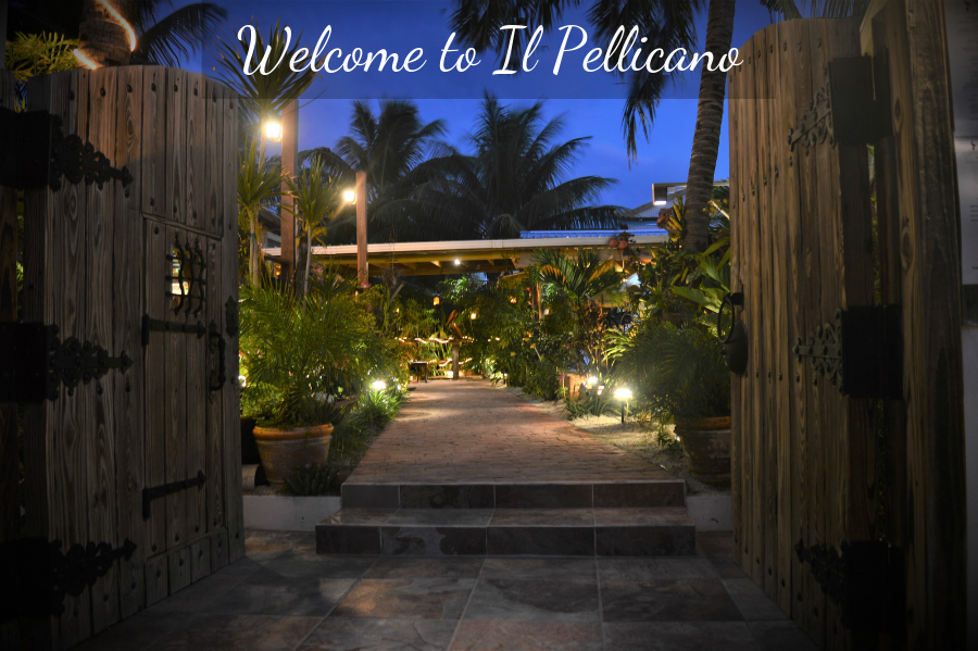 Tropical garden entrance at Il Pellicano restaurant, Caye Caulker, Belize