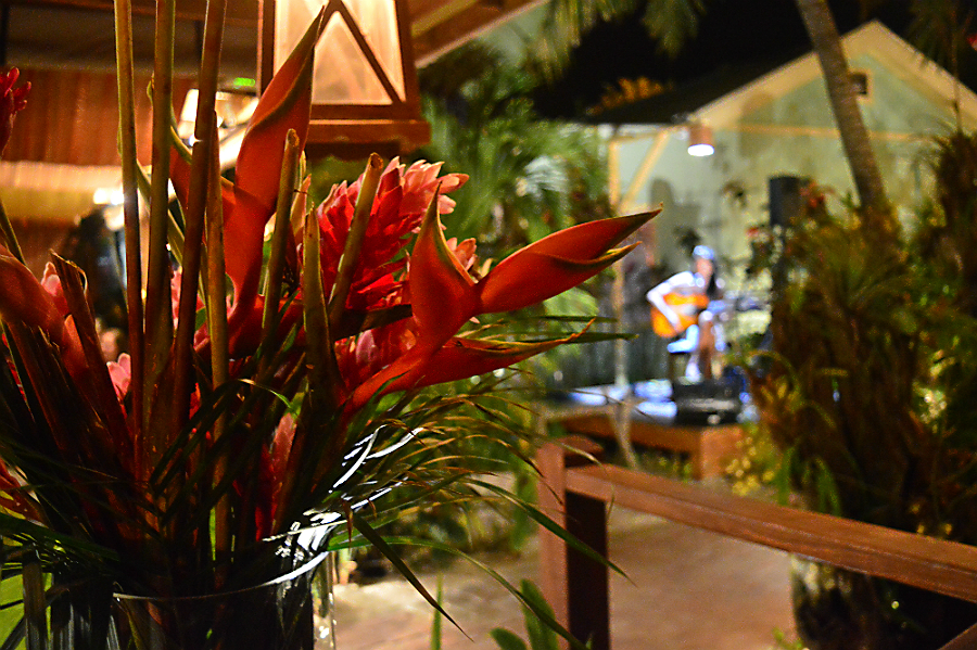Tropical flowers, beautiful wedding decoration in a romantic restaurant